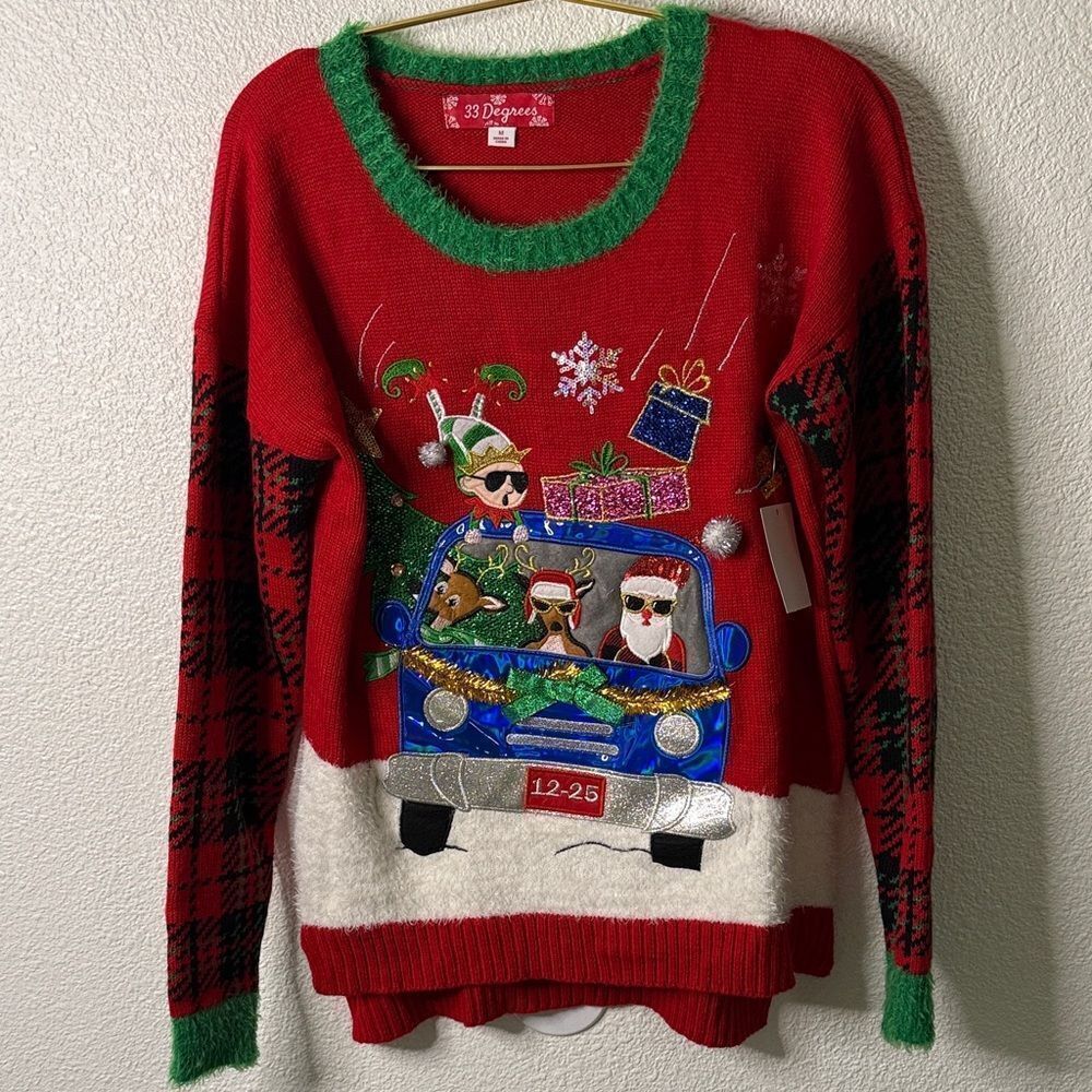 NWT- “ugly” Christmas Sweater- Cool Santa and elves in van -Red and Green- Med